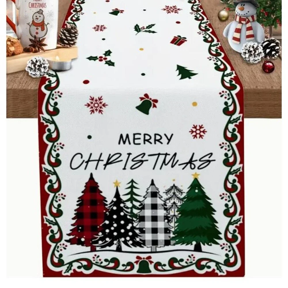Merry Christmas Table Runner 13x72in Linen Holly Trees Snowflakes Bells